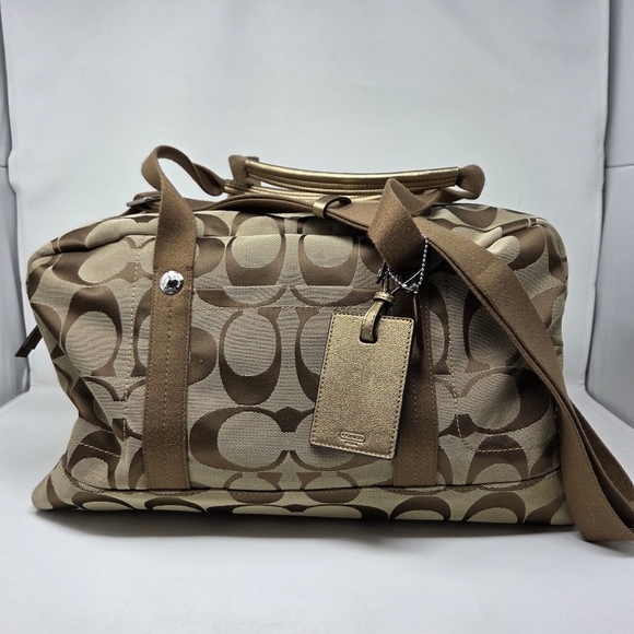 CoachKyra Signature Logo Travel Satchel Duffel Duffle Bag Tan Khaki